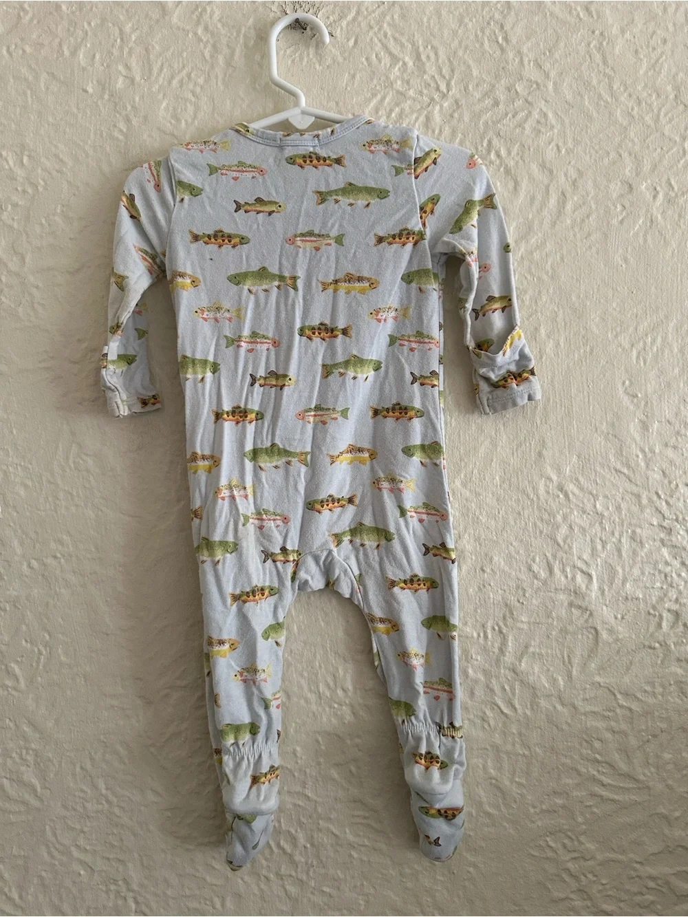 Angel Dear Light Blue Green Yellow Fish Pattern Bamboo Sleeper Footie 6-9 Months